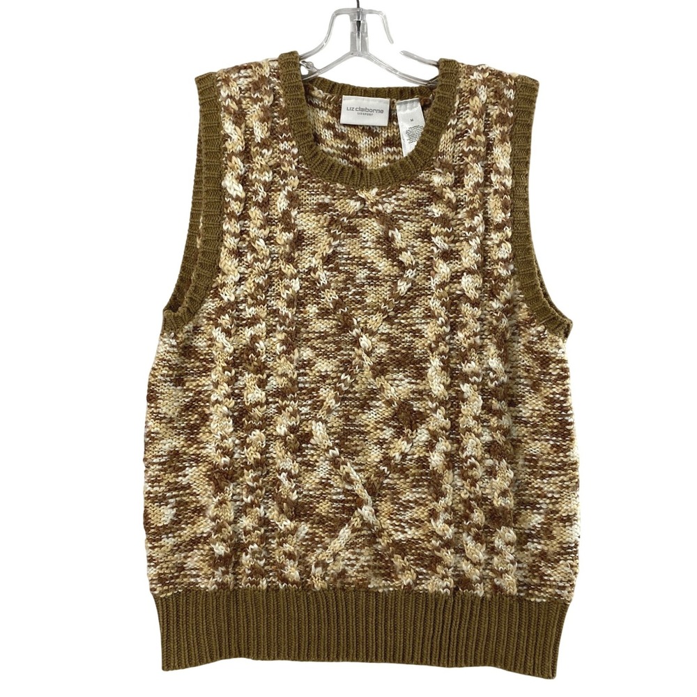 Liz Claiborne Sweater Vest Womens M Brown Cream Cable Knit Wool Blend Layering